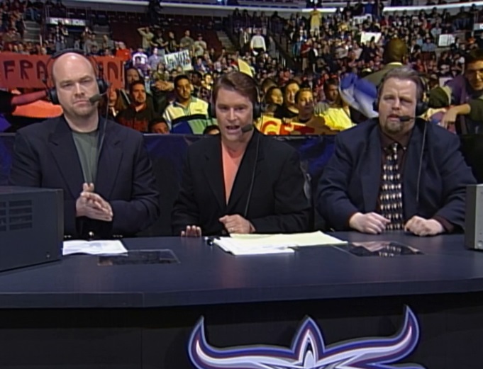 wcw-spring-stampede-2000-announcers Mark Hudson, Tony Schiavonne and Mark Madden at the desk for Spring Stampede 2000