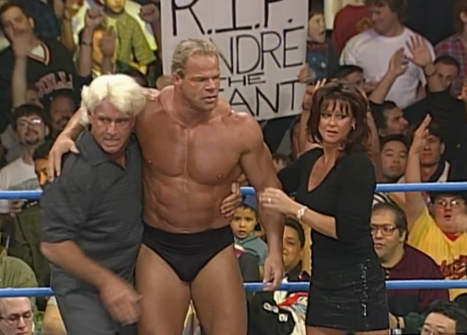 wcw-spring-stampede-2000-flair-luger-liz Ric Flair and Lex Luger (with Elizabeth) in the ring at Spring Stampede 2000