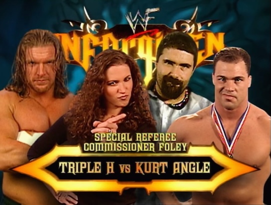 Graphic for Triple H (w/ Stephanie McMahon) vs. Kurt Angle with special referee Mick Foley from Unforgiven 2000