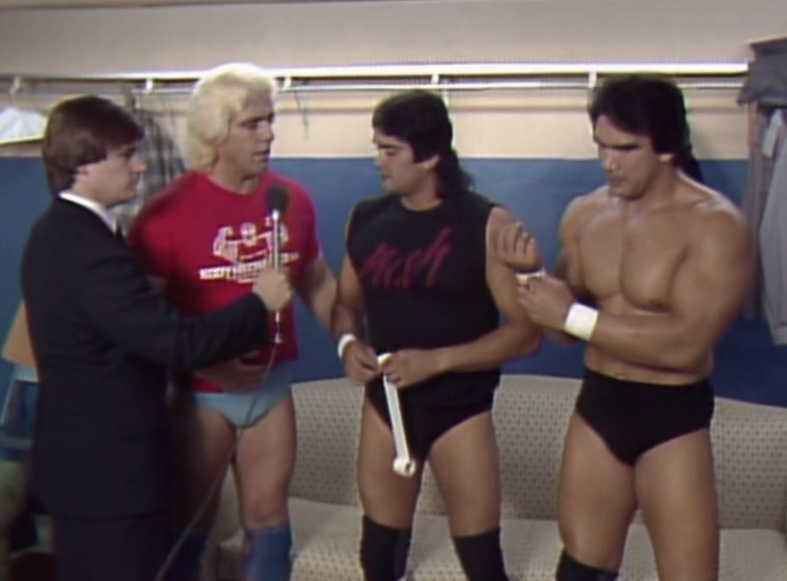 Ric Flair, Ricky Steamboat and Jay Youngblood speak to Schiavone at NWA Starrcade 1983