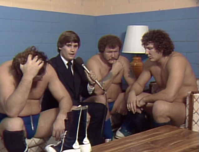 Harley Race, Bob Orton and Dick Slater talk to Tony Schiavone at Starrcade 1983