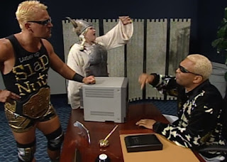 WCW Bash at the Beach - Jeff Jarrett confronts Comissioner Ernest Miller while Screamin' Mimi sings in the background 