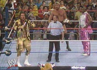 WWF / WWE: Wrestlemania 5 - The Million Dollar Man (with Virgil) gets ready to battle Brutus 'The Barber' Beefcake