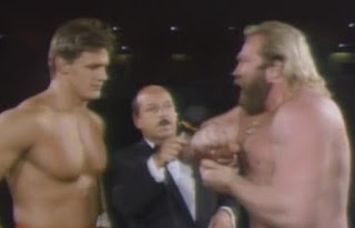 WWF / WWE WRESTLEMANIA 2 - Atlanta Falcons NFL Star Bill Fralic confronts Big John Studd before they meet in a 20 man battle royale