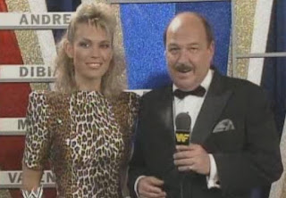 WWF / WWE WRESTLEMANIA 4: Mean Gene Okerlund w/ Wheel of Fortune star Vanna White