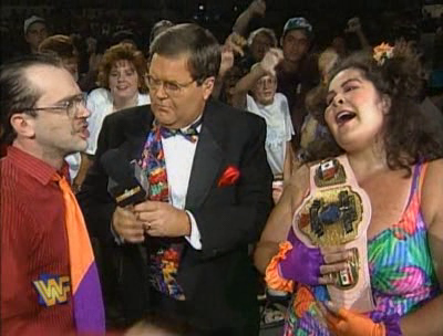 WWF / WWE - SUMMERSLAM 1995 - Jim Ross interviews Harvey Wippleman and new WWF Women's Champion Bertha Faye