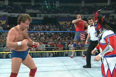 WCW Starrcade 1991 - Bill Kazmaier watches on as his partner Jushin Liger squares off against Mike Graham