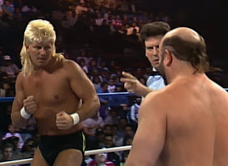 WCW Wrestlewar 1990 - Johnny Ace squares up against Buzz Sawyer