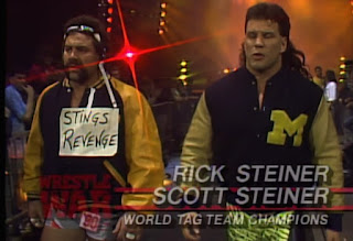 WCW Wrestlewar 1990 - The Steiner Brothers show their support for Sting