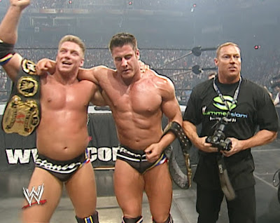 WWE Summerslam 2003 - La Resistance celebrate winning the tag titles thanks to Rob Conway's help