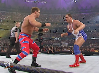 Chris Benoit and Kurt Angle square off at Wrestlemania 17