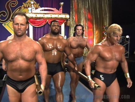 Hunky men carry Fabulous Moolah in their underpants